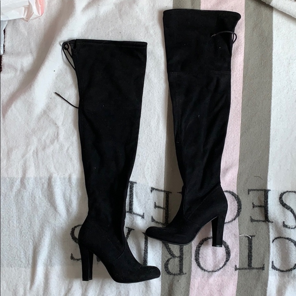 Over the knee black suede boots, adjustable thigh